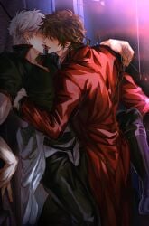 2boys against_wall blush brown_hair embrace french_kiss fully_clothed gay gintama gintoki_sakata hug kissing leg_grab leg_lift leg_up male male_only sakamoto_tatsuma saliva_trail sunglasses_removed tongue_out white_hair yaoi