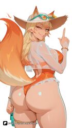 1girl ai_generated ami_han animal_ears artist_name ass bangs blonde_hair bracelet breasts ears_through_headwear eyewear_on_head eyewear_on_headwear flower fox_ears fox_girl fox_tail from_behind green_eyes grin hat index_finger_raised jewelry large_breasts long_hair looking_at_viewer looking_back marvel marvel_comics marvel_rivals one-piece_swimsuit one_eye_closed parted_lips patreon see-through senpai_pixels sensitive shiny_skin simple_background smile solo sun_hat sunglasses swimsuit tail thick_thighs thighs white_background white_fox_(marvel) white_fox_(marvel_rivals)