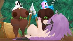 16:9 1boy 2girls 3d areola areolae big_areola big_ass big_breasts big_thighs black_hair brown_body cock completely_nude completely_nude_male dark-skinned_female dra111_(artist) dragon316 femboy forest_background hard_cock massive_ass massive_breasts nature_background partially_clothed penis penis_out pink_hair purple_hair sfm shy_gal size_difference spear_guy tattoos
