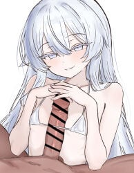 1boy 1girl absurdres bar_censor bikini censored commentary_request erection evil_smile flat_chest hetero highres long_hair mahou_shoujo_no_majo_saiban micro_bikini naizuri oh24478664 paizuri penis seductive_smile smile solo spoilers swimsuit testicles tsukishiro_yuki white_bikini white_eyes white_hair