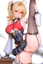 1girl ahoge ai_generated artist_name bangs bare_shoulders black_choker black_thighhighs blonde_hair blush breasts choker cissia_(zenless_zone_zero) covered_navel detached_sleeves ear_piercing explicit garter_straps hair_between_eyes large_breasts leg_up leotard long_hair long_sleeves looking_at_viewer multicolored_hair nuageeart piercing pussy pussy_juice red_eyes side_ponytail simple_background skirt smile solo split standing standing_on_one_leg standing_split thighhighs thighs uncensored underboob underboob_cutout white_background zenless_zone_zero