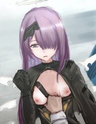 1girl arknights assisted_exposure black_hairband blue_eyes blunt_bangs breasts breasts_out commentary_request detached_wings energy_wings hair_over_one_eye hairband halo hand_up highres inverted_nipples long_hair looking_down motion_blur nipples parted_lips pov pov_hands pulling_another's_clothes reber upper_body velliv_(arknights) wings yellow_halo yellow_wings