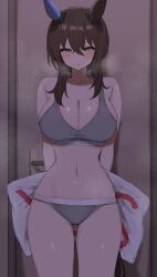 1girls admire_vega_(umamusume) arms_behind_back bedroom_eyes big_breasts blush bra breasts dark_room door eyes_half_open kumiyabe looking_at_viewer panties pillow small_waist sport_panties sports_bra steam steamy_breath sweat thighs umamusume waist