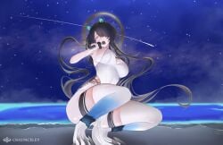 1girl 1girls absurdres animal_ears bare_hips beach black_hair blue_eyes breasts chaunceley commentary dress english_commentary erina_makina female hair_over_one_eye highres holding holding_microphone large_breasts long_hair microphone night open_mouth outdoors pelvic_curtain phase_connect see-through_cleavage see-through_clothes shooting_star sideboob sky solo star_(sky) star_(symbol) starry_sky thick thick_thighs thighhighs thighs tiger_ears tiger_girl tits virtual_youtuber vtuber white_dress white_thighhighs wide_hips
