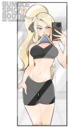 1girls 2d 2d_(artwork) artist_name black_bra blonde blonde-haired_female blonde_female blonde_hair blonde_hair_female bra bumblespicybooth comission cynthia_(pokemon) fit_female iphone mirror_selfie patreon_logo phone_selfie pokemon selfie shirt_lift shirt_lift_via_mouth showing_bra smartphone solo solo_female
