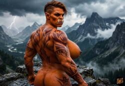 ai_generated auburn_hair black_sclera elledoesai huge_breasts large_ass mountains muscular_female orange_skin orc_female rain red_eyes self_upload short_hair sideboob solo_female storm_clouds tattoos tusks undercut