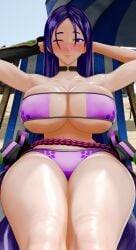 1girls 3d 3d_(artwork) 6thchariot alternate_version_available arms_behind_head armwear beach beach_chair big_breasts bikini bikini_bottom bikini_top breasts choker cleavage eyepatch_bikini fate/grand_order fate_(series) female female_only hair huge_breasts long_hair mature mature_female mature_woman milf minamoto_no_raikou_(fate/grand_order) minamoto_no_raikou_(swimsuit_lancer) neckwear one_eye_closed purple_bikini purple_eyes purple_hair sitting solo solo_female swimwear thick_thighs thighs
