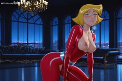 1girl ai_generated blonde_hair blue_eyes blush bodysuit breasts clover_(totally_spies) hi_res high_quality high_resolution large_breasts latex medium_breasts nipples patreon seductive sexy shiny shiny_clothes short_hair skin_tight solo spicytoonai totally_spies uncensored watermark