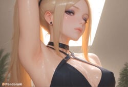 1boy 1femboy absurd_res ai_generated arm_behind_head arm_up armpits artist_name artist_upload bare_shoulders black_choker black_dress blonde_hair blurry blurry_background breasts brown_eyes choker cleavage closed_mouth covered_nipples crossdressing dress ear_piercing earrings eyeshadow femboy femboy_focus feminine_male gay halterneck hi_res indoors jewelry lips long_hair looking_at_viewer makeup mascara medium_breasts more_at_source o-ring one_eye_closed pandora patreon patreon_username ponytail red_eyes self_upload sidelocks solo stud_earrings sweat transgender uncensored upper_body watermark