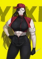 1girls black_hair buff curvy hand_on_hip hat knife looking_away muscular_female onesie synthesizer_v takulai yi_xi_(synthesizer_v) zipper_down
