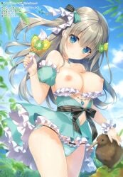 1girl ameto_yuki apron ass bed bird blush bow_panties breasts breasts_out crepe detached_sleeves dress exposed_breasts food frilled_panties frilled_skirt frilled_thighhighs frills gray_hair hair_ornament hair_ribbon highres large_breasts long_hair looking_at_viewer melonbooks necklace nipples open_shirt original panties ribbon_panties shirt skirt_lift thighhighs tree