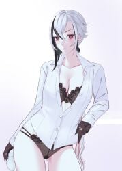 aoiabyss arlecchino_(genshin_impact) ass_visible_through_thighs black_and_white_hair cleavage cleavage_cutout coat curvy genshin_impact hair_between_eyes hand_on_hip lacy_bra lacy_panties medium_breasts pose thick_thighs unzipped_jacket