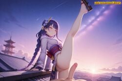 1boy 1girl ai_generated architecture arm_support ass bare_legs blush bottomless braid braided_ponytail breasts bridal_gauntlets closed_mouth cloud east_asian_architecture erection feet flower genshin_impact geta gradient_sky hair_flower hair_ornament hetero japanese_clothes kimono kneepits large_breasts leg_up legs long_braid long_hair long_sleeves looking_at_viewer low-tied_long_hair mole mole_under_eye night night_sky nivora obi okobo on_roof outdoors penis purple_eyes purple_hair purple_kimono raiden_shogun sandals sash shoe_dangle sky smile solo_focus split standing standing_on_one_leg standing_split star_(sky) starry_sky sunrise sunset testicles thighs uncensored very_long_hair white_kimono wide_sleeves