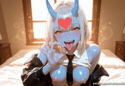 1girl ai_generated bangs bare_shoulders black_jacket black_necktie blue_skin blush breasts clothes_lift colored_skin fellatio_gesture heart horns indoors jacket kermixx looking_at_viewer medium_breasts necktie nipples oni oni_horns open_mouth oral_invitation orange_eyes saliva shirt shirt_lift short_hair smile solo soukaku_(zenless_zone_zero) teeth tongue tongue_out upper_body white_hair white_shirt window zenless_zone_zero