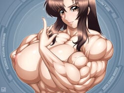 abs areolae biceps breasts brown_hair female gundam hair long_hair looking_at_viewer muscular_arms muscular_female nipples rentb