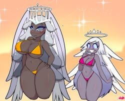 2girls alternate_costume alternate_version_available angel angel_girl angel_wings big_breasts bikini bikini_bottom bikini_top black_eyes blue_eyes blue_eyeshadow bottomwear breasts cleavage emily_(hazbin_hotel) eyeshadow female female_only freckles freckles_on_face grey_body grey_eyeshadow grey_hair grey_skin halo hand_on_hip hazbin_hotel hips long_hair mature mature_female mature_woman pink_bikini sera_(hazbin_hotel) shokyshoky5 sisters smile sparkles swimwear topwear white_hair yellow_bikini