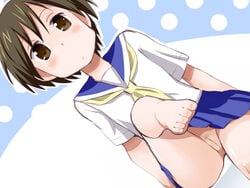 barefoot blush brown_eyes brown_hair clothing feet female hasegawa_fumi leg_up no_panties pubic_hair pussy school_uniform serafuku short_hair skirt solo thighs toes toku_sonchou uncensored yuyushiki