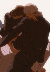 2boys anal belt black_jacket black_pants blush brown_hair chinese_commentary clothed_sex clothes_pull commentary_request fingernails grey_hair grey_socks hanamura_yousuke hand_on_another's_shoulder headphones headphones_around_neck highres jacket leg_lock male_focus male_penetrated multiple_boys narukami_yu on_table open_belt pants pants_pull persona persona_4 puff_of_air sakanaya0108 shirt shoes short_hair simple_background socks standing sweat table white_shirt white_shoes yaoi