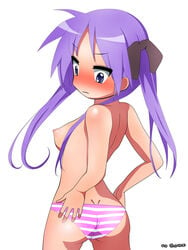 kagami_hiiragi looking_back lucky_star purple_hair small_breasts striped_panties tagme