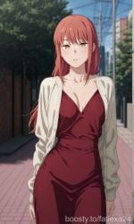 1girl ai ai_art ai_generated alternate_hairstyle arms_at_sides bangs blurry blurry_background blush breasts cardigan chainsaw_man cleavage collarbone cowboy_shot day dress hair_down long_hair long_sleeves looking_at_viewer makima_(chainsaw_man) medium_breasts open_cardigan outdoors parted_lips red_dress red_hair ringed_eyes road sidelocks sky solo standing street tree yellow_eyes