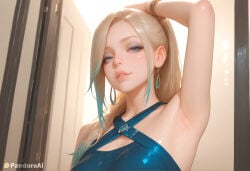 1boy 1femboy absurd_res ai_generated arm_up armpits artist_name artist_upload bare_shoulders blonde_hair blue_dress blue_eyes blue_eyeshadow blue_hair bracelet colored_tips criss-cross_halter crossdressing dress earrings eyeshadow femboy femboy_focus feminine_male gay halter_dress halterneck hi_res indoors jewelry k/da_(league_of_legends) lips long_hair looking_at_viewer makeup mascara more_at_source multicolored_hair pandora parted_lips patreon patreon_username ponytail self_upload smile solo sweat transgender two-tone_hair uncensored upper_body watermark wet