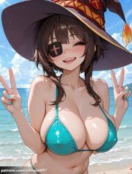1girl ai_generated alternate_breast_size alternate_costume aqua_bikini aqua_nails arlequin097 bare_arms bare_shoulders beach bikini black_headwear blue_bikini blue_nails blue_sky blush breasts brown_hair brown_headwear cleavage closed_eyes cloud collarbone covered_nipples day double_v eyepatch facing_viewer hands_up hat kono_subarashii_sekai_ni_shukufuku_wo! large_breasts megumin nail_polish navel ocean open_mouth outdoors sand short_hair_with_long_locks skindentation sky smile solo stomach string_bikini swimsuit teeth v water witch_hat