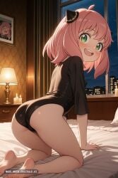 1girl ai_assisted ai_generated all_fours anime_screenshot anya_forger barefoot blush candle_light candles closed_eyes covered_erect_nipples d dark_room green_eyes half_closed_eyes happy highres hotel_room hug indoors leotard looking_at_viewer looking_back_at_viewer night on_all_fours on_bed open_mouth parted_lips pink_hair shy small_ass small_breasts smile soles solo solo_focus spy_x_family teeth upper_teeth_only viewed_from_behind window
