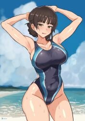 1girls arms_behind_head beach big_breasts black_swimsuit breasts brown_eyes brown_hair female female_only girls_und_panzer hair hands_behind_head hips mature mature_female mature_woman milf mordeth mother nishizumi_shiho one-piece_swimsuit smile solo solo_female swimsuit swimwear thighs tied_hair tongue tongue_out wet wet_body wet_skin