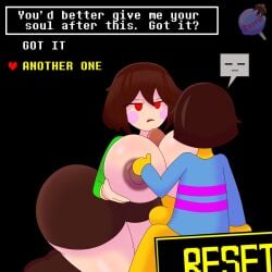 1girl1boy artist_logo big_ass big_breasts big_butt big_penis boobjob brown_hair cassysassy chara chara_(undertale) clothed clothed_sex english_text frisk frisk_(undertale) hi_res highres paizuri red_eyes short_hair text_box undertale white_skin yellow_skin