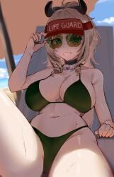 1girl 1girls absurdres animal_ears beach big_breasts bikini black_nails breasts brown_hair brown_streaks busty choker cleavage commentary curvy english_commentary female fishnets green_bikini green_eyes hair_between_eyes highres indie_virtual_youtuber lace-trimmed_choker lace_trim large_breasts long_hair looking_at_viewer multicolored_hair navel nimi_nightmare ponytail pyrokuro red-tinted_eyewear smile solo stomach streaked_hair sunglasses sweat sweaty_tits swimsuit tapir_ears tapir_girl thick thick_thighs thighs tinted_eyewear tits virtual_youtuber visor_cap vtuber