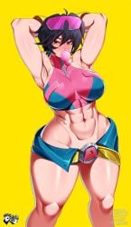 1girls abs arms_behind_head big_breasts black_hair bubble_gum female female_only fit fit_female hi_res jadenkaiba jubilee jubilee_(marvel_rivals) looking_at_viewer marvel marvel_comics marvel_rivals simple_background solo sunglasses_on_head thick_thighs toned toned_female wide_hips x-men yellow_background yellow_eyes