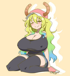 1girls arm_support baseball_cap big_breasts blonde_hair blush breasts cleavage horn huge_breasts kobayashi-san_chi_no_maidragon lucoa lucoa_(maidragon) matsu-sensei miss_kobayashi's_dragon_maid multicolored_hair nipple_bulge one_eye_closed purple_eyes quetzalcoatl_(dragon_maid) shoes short_shorts shorts sitting smile tank_top thighhighs