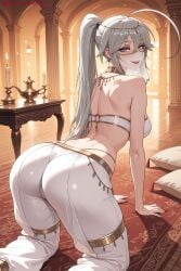 1girl ahoge ai_generated all_fours ass back bandeau bare_shoulders blue_eyes breasts from_behind hi_res high_quality high_resolution hip_vent karasuba_(sekirei) kiraamane long_hair looking_at_viewer looking_back pants patreon ponytail seductive sekirei sexy silver_hair smile solo strapless uncensored watermark weapon white_pants