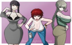 3girls black_hair blue_jeans braid camera celestia_ludenberg danganronpa danganronpa_2:_goodbye_despair danganronpa_v3 exposed_bra freckles green_eyes green_hair huge_ass huge_breasts koizumi_mahiru leaning_forward looking_at_viewer middinos midnightdindins navel navel_visible_through_clothes red_eyes red_hair short_hair smile sweat sweater thick_thighs toujou_kirumi wristband