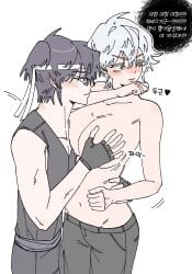 1boy 1girls aged_down big_breasts blush breast_grab cleavage embarrassed fingerless_gloves genderswap_(mtf) ginko_sakata gintama gintoki_sakata headband height_difference japanese_clothes korean_text looking_away official_alternate_costume pale-skinned_female pale-skinned_male pale_skin rule_63 samurai short_hair shorter_male takasugi_shinsuke taller_female topless topless_female white_hair