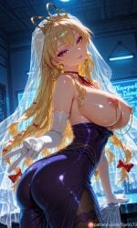 1girl 1girls ai_generated alternate_breast_size alternate_breast_size_(larger) alternate_costume ass bangs bare_shoulders blonde_hair blush bow breasts breasts_out commission commission_art commissions_open corruption dress earrings elbow_gloves gloves hair_bow hair_ribbon highres image image_sample image_set indoors jewelry large_breasts lipstick long_hair looking_at_viewer looking_back makeup more_at_source night nipple_piercing nipple_rings nipples pantyhose part_of_a_set parted_lips patreon piercing pixiv pixiv_commission pixiv_link pixiv_sample provocative purple_dress red_bow red_ribbon revealing_clothes ribbon self_upload shiny shiny_clothes shiny_skin smile solo tgv9173 tiara touhou touhou_project twisted_torso v veil wedding_dress white_gloves yakumo_yukari yellow_eyes yukari_yakumo