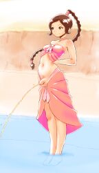 avatar_legends avatar_the_last_airbender background barefoot beach beachwear clothing clothing_aside dick flaccid_penis full_body fully_clothed hands_on_waist morphoblue nickelodeon ocean peeing penis pissing skirt skirt_down skirt_pulled_down smile smiling solo solo_female standing_in_water trans_woman ty_lee