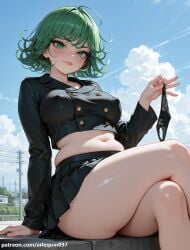 1girl ai_generated alternate_breast_size arlequin097 arm_support belly black_panties black_shirt black_skirt blue_sky blush breasts buttons closed_mouth cloud cloudy_sky collarbone covered_nipples crop_top cropped_shirt crossed_legs curly_hair day feet_out_of_frame green_eyes green_hair holding holding_clothes holding_panties holding_underwear jacket large_breasts lips long_sleeves looking_at_viewer midriff miniskirt navel one-punch_man outdoors panties pleated_skirt plump power_lines shirt short_hair sitting skindentation skirt sky smile solo stomach tatsumaki thick_thighs thighs underwear unworn_panties utility_pole