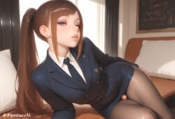 1boy 1femboy absurd_res ai_generated artist_name artist_upload belt black_necktie breasts brown_eyes brown_hair buttons censored collared_shirt crossdressing earrings erection eyeshadow femboy femboy_focus feminine_male gay hi_res indoors jacket jewelry lips long_hair long_sleeves looking_at_viewer makeup mascara miniskirt more_at_source necktie one_eye_closed pandora pantyhose parted_lips patreon patreon_username pencil_skirt penis pillow ponytail self_upload shirt sidelocks skirt solo stud_earrings transgender uncensored uniform watermark white_shirt