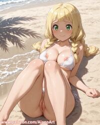 1girl ai_generated aianoart areola_slip bangs barefoot beach bikini bikini_bottom_aside blonde_hair blunt_bangs blush braid breasts closed_mouth clothing_aside collarbone day eyelashes green_eyes knees_together_feet_apart lillie_(pokemon) long_hair looking_at_viewer lying nipple_slip nipples on_back outdoors pokemon pussy sand side-tie_bikini_bottom smile solo swimsuit twin_braids uncensored water wet white_bikini