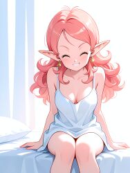 1girl absurd_res absurdres ai-created ai-generated ai_art ai_generated artist_name athletic_female bangs bare_arms bare_shoulders bed blush boobs breasts bust chest chronoa cleavage closed_eyes collarbone colored_skin dragon_ball dragon_ball_super dragon_ball_z dress earrings facing_viewer feet_out_of_frame female fit_female grin gumtoof hi_res high_quality high_resolution jewelry long_hair medium_breasts morning on_bed patreon pillow pink_hair pink_skin pointy_ears sitting sleeveless sleeveless_dress smile solo stable_diffusion tagme tits uncensored white_dress