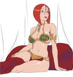 armlet artist_request belly_dancer belly_dancer_outfit character_request cleavage femsub harem_girl harem_outfit large_breasts loincloth orange_hair purple_eyes slave slave_bikini slave_girl slave_leia_(cosplay) slave_outfit star_wars submissive_female