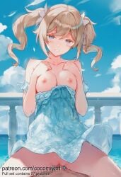 1boy 1girl 2026 ai_generated barbara_(genshin_impact) bare_shoulders blonde_hair blue_dress blue_eyes blue_sky blush breasts breasts_out censored clothed_sex clothes_pull cloud cocomiyart collarbone cowgirl_position day dress dress_lift dress_pull floral_print genshin_impact girl_on_top half-closed_eyes hands_on_own_chest hetero highres long_hair looking_at_viewer medium_breasts mosaic_censoring motion_lines nipples no_panties nsfw ocean off_shoulder outdoors parted_lips penis pov pussy railing sex sky smile solo_focus straddling thighs twin_drills twintails uncensored vaginal water