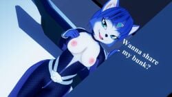 blue_fur blue_hair breasts breasts_out dialogue exposed_breasts fox_girl furry koikatsu krystal perfect_idiot star_fox undressing