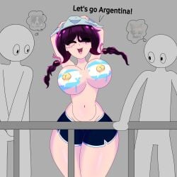 almost_naked argentina argentina_flag big_ass big_breasts big_butt cassy_(cassysassy) cassysassy closed_eyes dark_hair english_text freckles freckles_on_face hi_res highres lifting_shirt long_hair original_character painted_breasts people_watching ponytail public public_nudity purple_hair thick_thighs white_skin