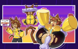 1boy 1girls animal_ears big_ass big_breasts breasts brown_hair cat_ears cat_tail catgirl english_text full_nelson gameoverse kit_(gameoverse) kit_bodega mug pussy red_eyes sex spread_legs tagme text thick_thighs thighs tongue tongue_out torn_clothes vaginal vaginal_penetration