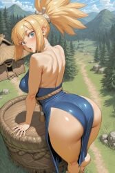 1girl ai_generated ass back bare_shoulders barefoot blonde_hair blue_eyes breasts day dress from_behind grass hi_res high_quality high_resolution kohaku_(dr_stone) large_breasts long_hair looking_at_viewer looking_back mountain outdoors patreon ponytail savvyraexo seductive sexy shiny_skin sky solo strapless thighs tree uncensored watermark
