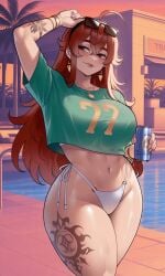 1girl ai_generated anklet arm_tattoo arm_up bare_legs bare_thighs big_ass big_breats big_thighs bikini blush bottom_heavy bracelet can crop_top crossover_cosplay earrings eris_greyrat eyewear_on_head female_focus female_only gold_earrings green gta_vi_cover_girl hair_between_eyes heavy_bottom highleg highleg_bikini holding holding_can holding_object huge_breats jewelry leg_tattoo long_hair midriff mushoku_tensei mushoku_tensei:_isekai_ittara_honki_dasu navel necklace palm_tree pool posing red_eyes red_hair shirt shirt_lift side-tie_bikini_bottom small_shirt smile solo standing stomach sunglasses sunglasses_on_head swimsuit tattoo thicc thiccwithaq_style thick_legs thighs thong very_long_hair white_bikini wide_hips