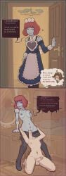 1boy 1girls ahe_gao android background bedroom blue_eyes boner breasts brown_hair caprine coding comic commission cunnilingus dialogue glasses goat goat_boy goat_ears goat_horns hand_on_hip kepchuk kneeling maid maid_headdress mind_break moaning movement_lines oc oral oral_sex original_characters penis pink_hair pixel_art precum robot robot_girl robot_humanoid servant short_hair smiling standing standing_sex stockings student thought_bubble
