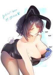 1girl 1girls absurdres animal_ears big_breasts black_hair black_leotard blue_eyes blue_hair breasts bunnysuit chaunceley cleavage commentary english_commentary erina_makina fake_animal_ears female hair_over_one_eye highres large_breasts leotard massive_breasts mechanical_arms multicolored_hair phase_connect playboy_bunny rabbit_ears rabbit_tail single_mechanical_arm solo streaked_hair sweat tail tits virtual_youtuber vtuber white_background